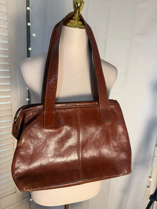 Fossil Brown Leather Shoulder Bag Tote Purse Vintage Cognac Zip Top - Picture 1 of 9